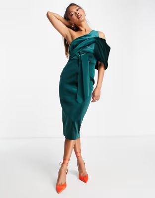 ASOS DESIGN velvet peekaboo shoulder tuck midi pencil dress in forest green | ASOS (Global)