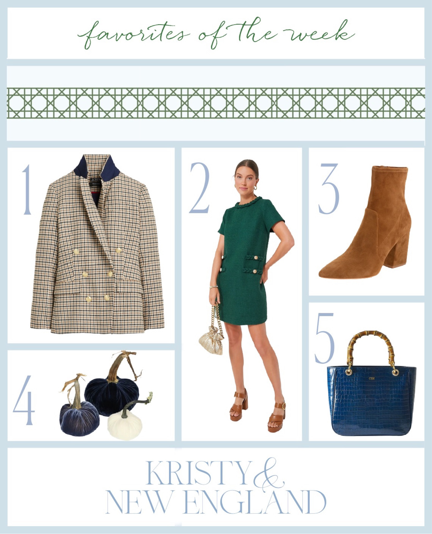 Favorites of the week: Hunter green Jackie dress, suede slim ankle boots, velvet pumpkins, houndstooth blazer, navy croc handbag

J Crew, Tuckernuck, Mark & Graham 

#LTKshoecrush #LTKFind #LTKhome