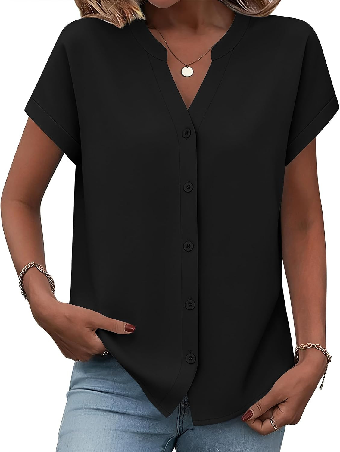 Zeagoo Button Down Shirts for Women Short Sleeve Tops V Neck Collar Blouses Business Casual Outfits | Amazon (US)