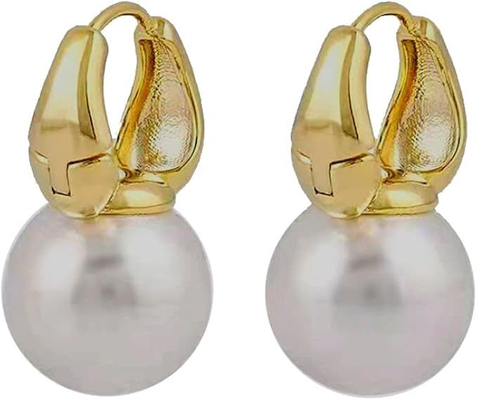 Pearl Earrings Hoop for Women Gold Hoops Drop Dangle Earrings Girls (18k GOLD) | Amazon (US)