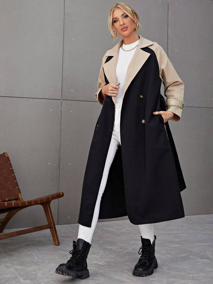 Two Tone Raglan Sleeve Double Breasted Trench Coat | SHEIN