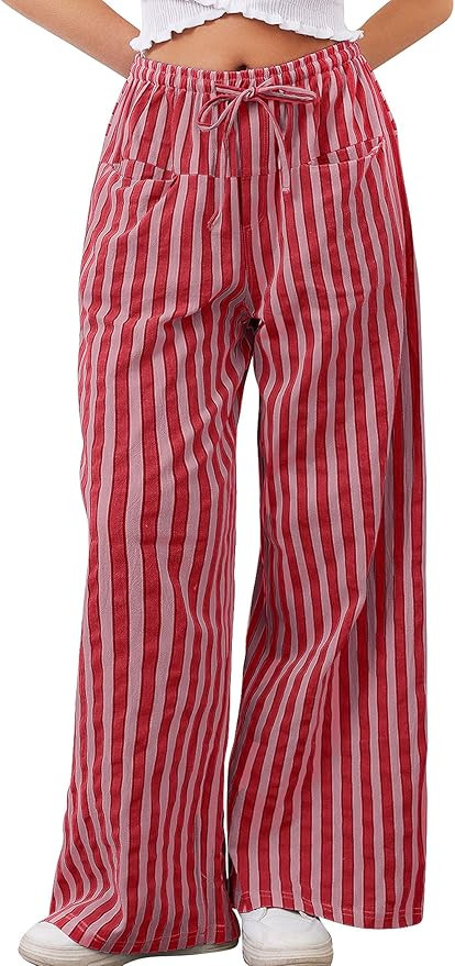 2026 Summer Striped Pants Women Loose Wide Leg Drawstring Pants Lightweight Low Rise Lounge Trous... | Amazon (US)
