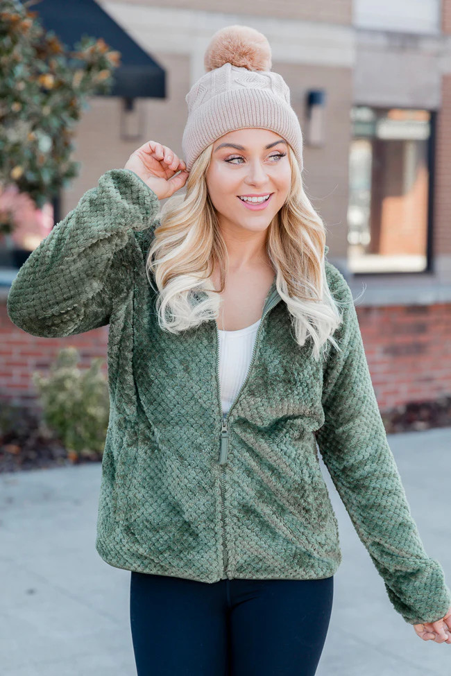 Cozy Charm Olive Textured Sherpa Zip Up Jacket DOORBUSTER | Pink Lily