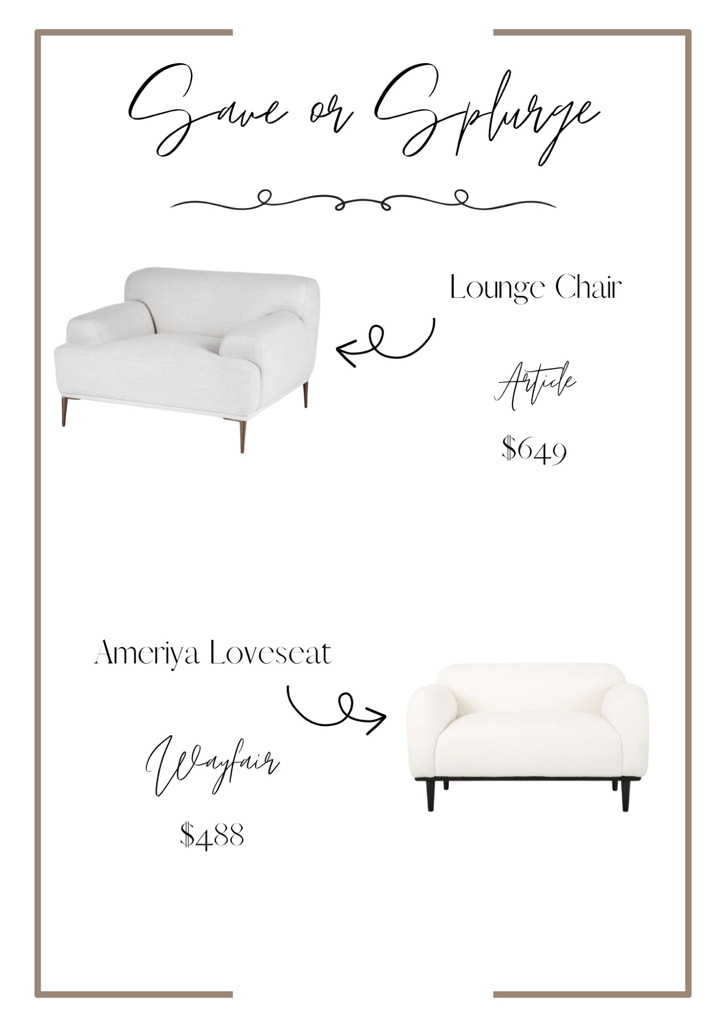 Save or Splurge - lounge chairs 

Bedroom, living room, lounge chairs, loveseat, dupe, furniture finds, article, wayfair, wayfair finds, home finds, home decor, budget friendly finds

#LTKFind #LTKSeasonal #LTKhome
