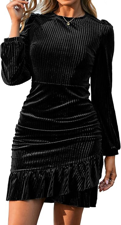 Simplee Womens Velvet Bodycon Mini Dress Long Sleeve Ruffle Hem Fall Winter Cocktail Dresses for ... | Amazon (US)