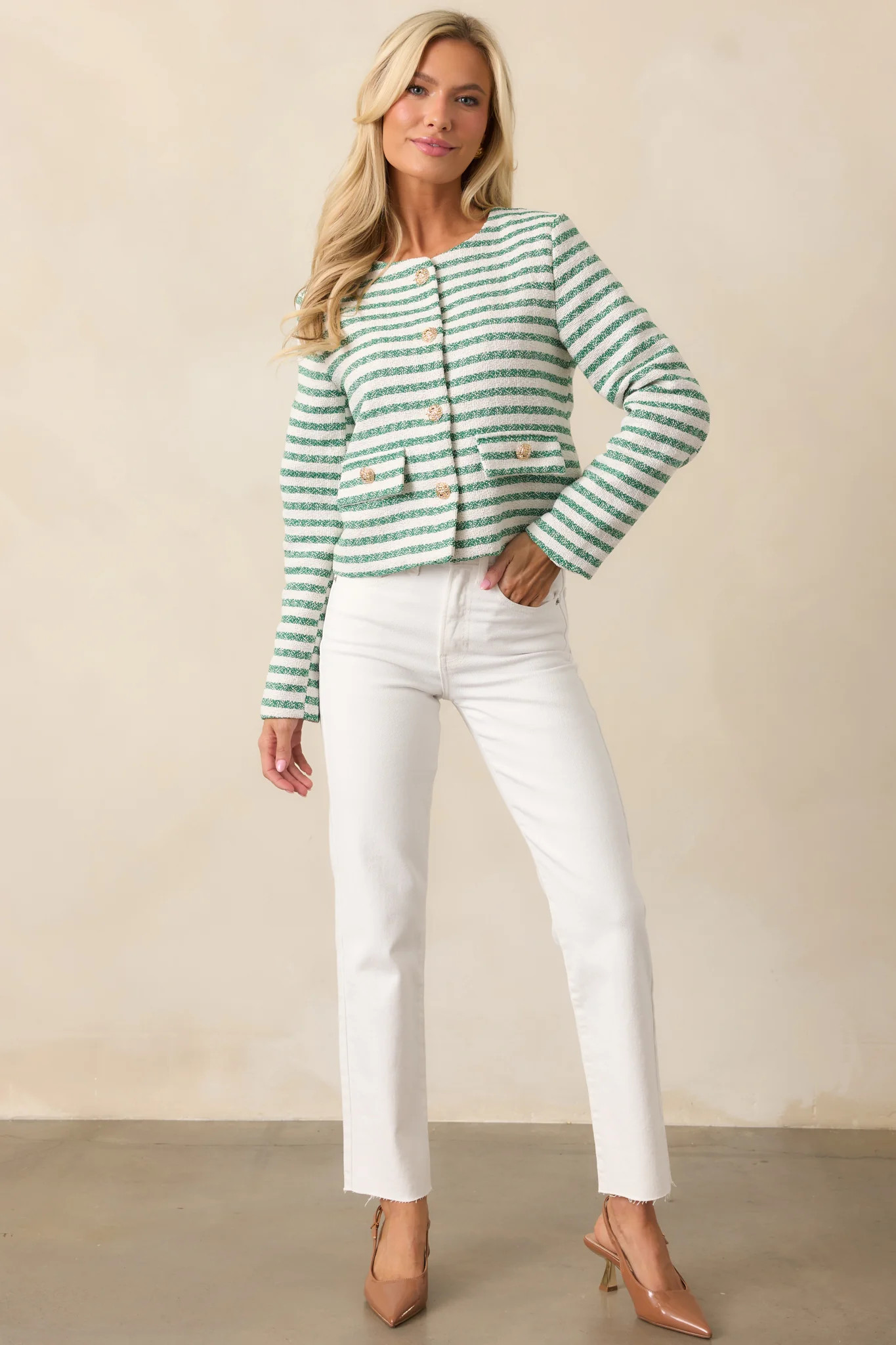 Gallery Opening Green Stripe Tweed Jacket | Red Dress