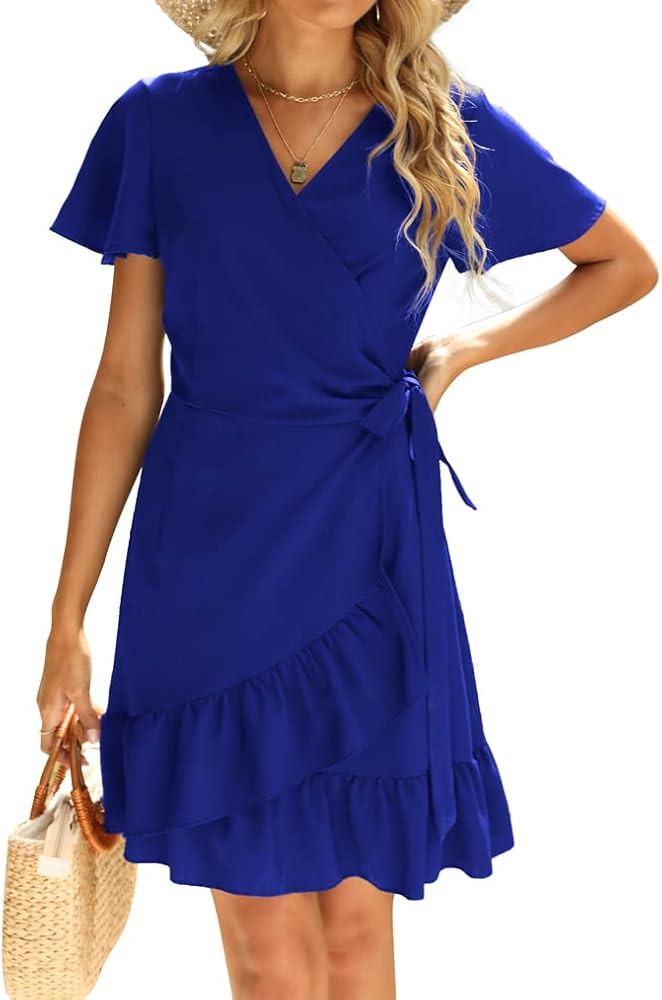 Naggoo Women's Summer Wrap V Neck Polka Dot Print Ruffle Short Sleeve Mini Floral Dress with Belt | Amazon (US)