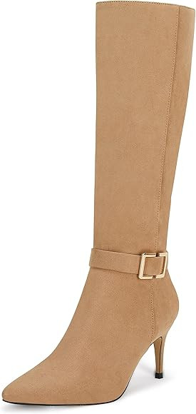 Coutgo Womens Knee High Boots Stiletto Heels Suede Pointed Toe Wide Calf Metal Buckle Side Zipper Wi | Amazon (US)