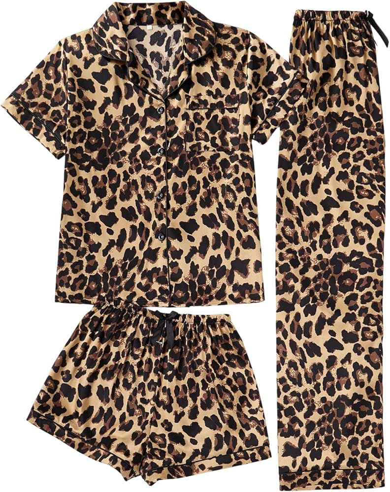 BEAUDRM Women's 3 Piece Leopard Pajama Set Cheetah Short Sleeve Button Down Shirts and Shorts Pan... | Amazon (US)