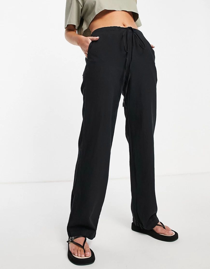 ASOS DESIGN wide leg drawstring waist linen trouser in black | ASOS (Global)