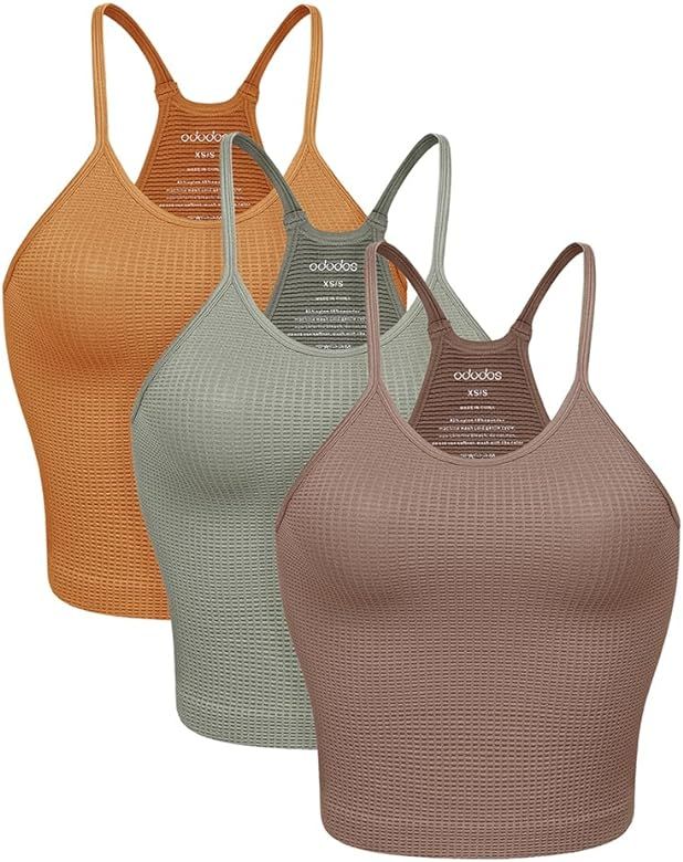 ODODOS Women's Crop 3-Pack Waffle Knit Seamless Camisole Crop Tank Tops | Amazon (US)