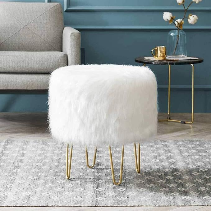 Modern Round Ottoman Footrest Stool - Luxurious Faux Fur Covered Seat w/Sturdy Gold Hairpin Legs ... | Amazon (US)