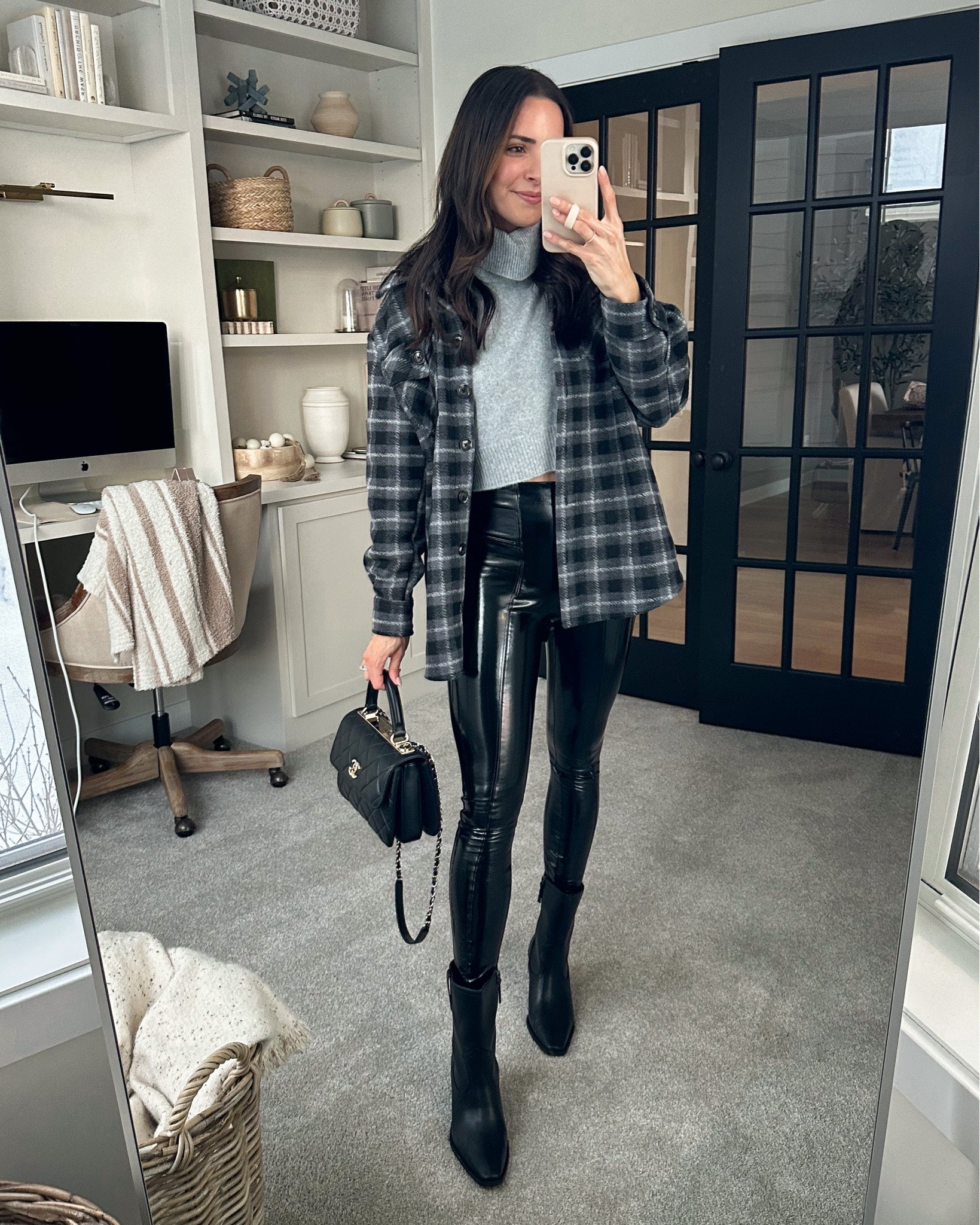 Shacket: sized up to a M
Cropped turtleneck: sized up to a M (def size up) 
Spanx patent leather leggings: true to size (S regular) code taylorxspanx 
Black western booties: size up if between  

Dinner outfit, ootn, semi casual outfit, Walmart finds, patent leather leggings, Walmart fashion, spanx code 

#LTKunder50 #LTKSeasonal #LTKsalealert