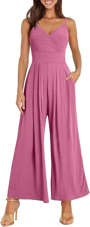 ANRABESS Jumpsuits for Women 2026 Summer Dressy Spaghetti Strap Ribbed V Neck Wide Leg Overalls F... | Amazon (US)