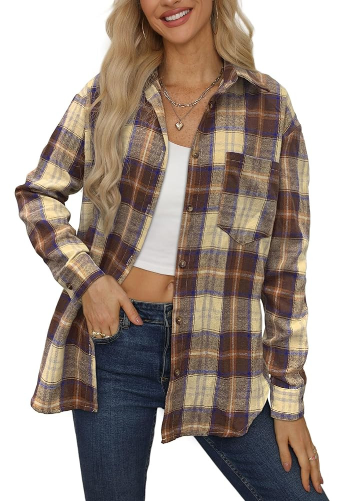 Diosun Womens Plaid Button Down Flanne Long Sleeve Casual Business Office Blouse Buffalo Plaid To... | Amazon (US)