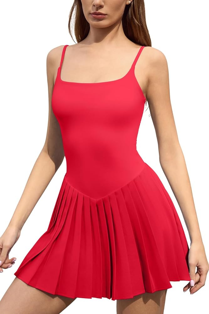 QINSEN Women's Tennis Dress Built-in Shorts Sleeveless Pleated Athletic Golf Dress High Waist Wor... | Amazon (US)