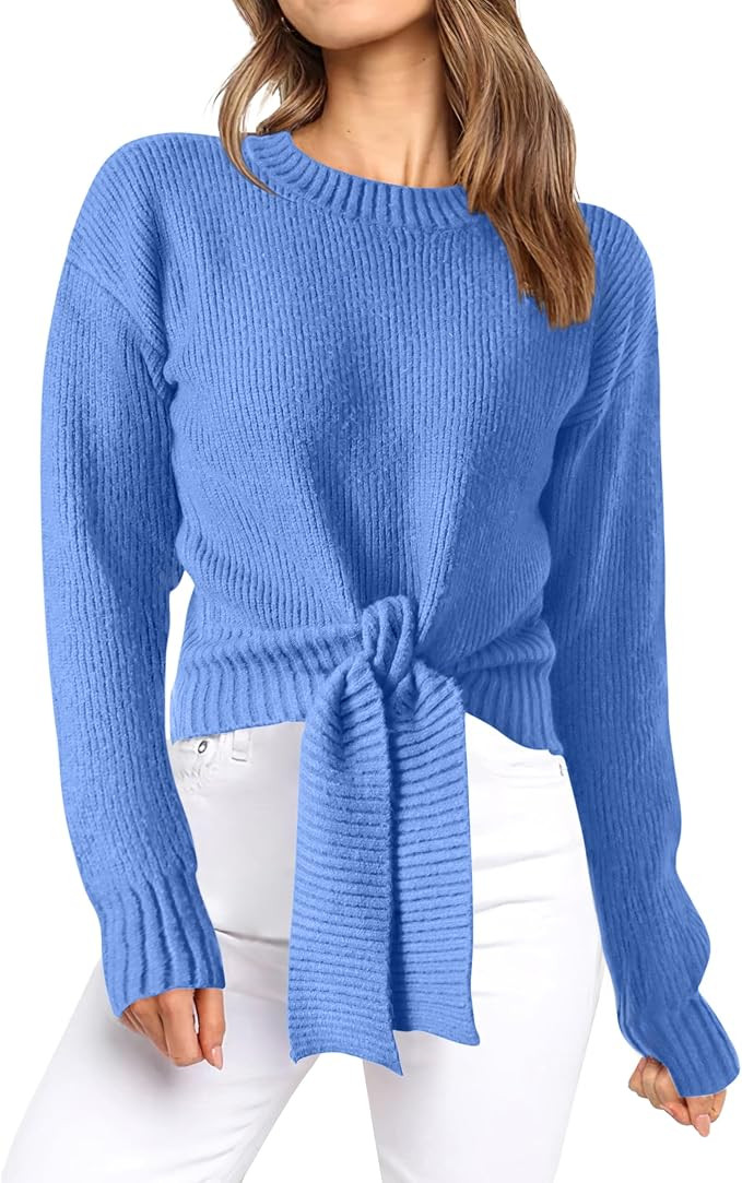 Womens Sweater Long Sleeve Crew Neck Tie Front Crop Tops | Amazon (US)