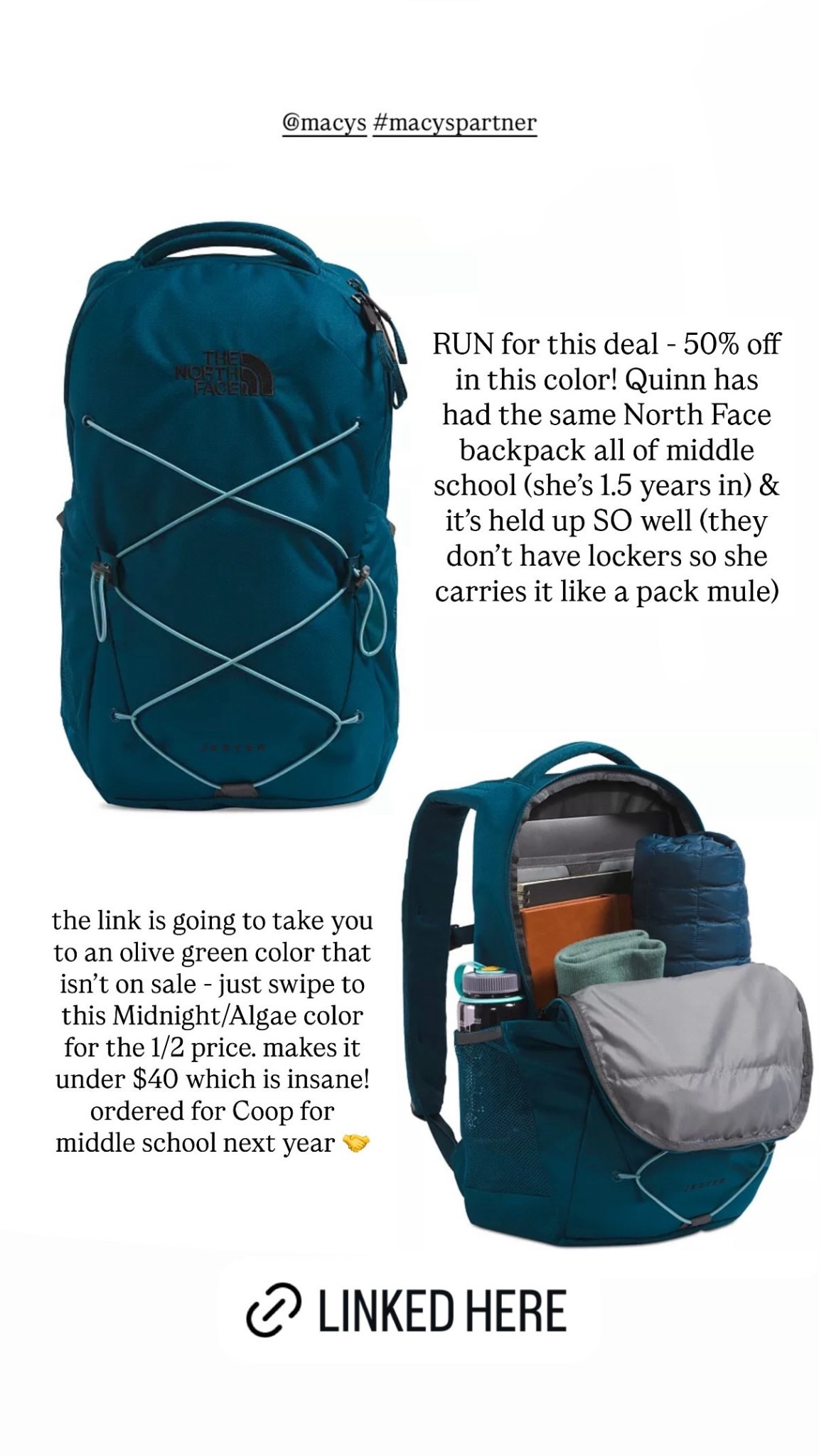 RUN for this deal - 50% off in this color! Quinn has had the same North Face backpack all of middle school (she's 1.5 years in) & it's held up SO well (they don't have lockers so she carries it like a pack mule)

#LTKmomlife #LTKKids #LTKSaleAlert