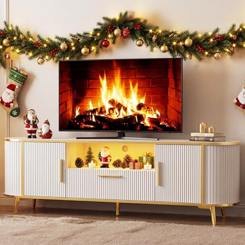 HOOBRO 66" Fluted TV Stand for TVs Up to 75", White and Gold TV Stand with Power Outlet, Entertainment Center with LED Lights and Curved Profile Design, Modern TV Media Console for Living Room | Amazon (US)