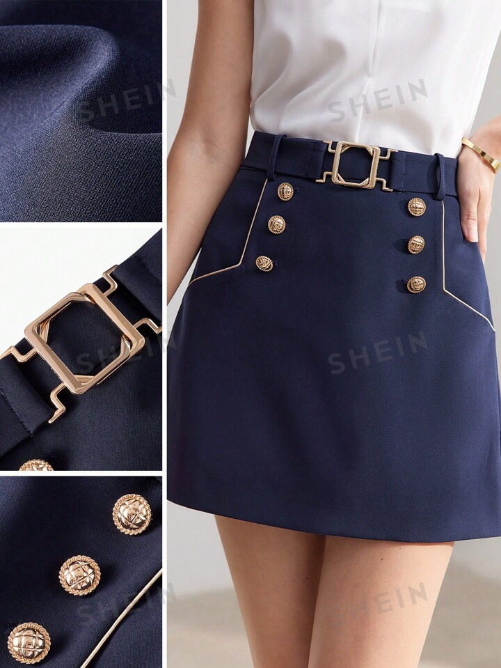 MOTF PREMIUM SOLID GOLD BUTTON DETAIL CONTRAST PIPING BELTED SKIRT | SHEIN