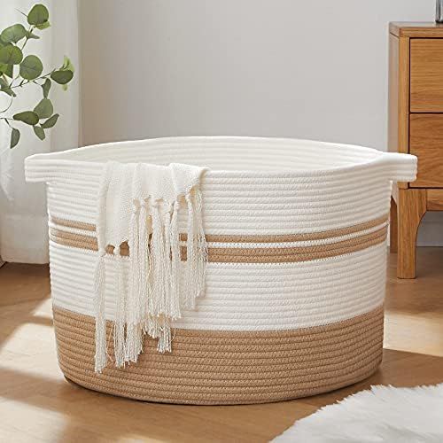 OIAHOMY Cotton Rope Basket 20x20x13 inches Laundry Basket Blanket Basket Baby Toy Basket with Handle | Amazon (US)
