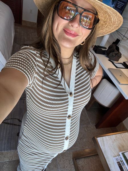 Vacation outfit perfect for this spring and summer! Love the length and details on the dress! 

Dress: size small 
Hat: size small/medium 
Shoes: true to size, also available in wide 

Petite friendly and bump friendly outfit 

#LTKBump #LTKTravel #LTKFindsUnder50