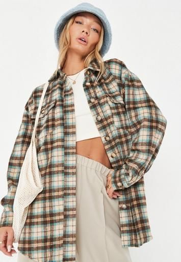 Cream Plaid Print Oversized Shacket | Missguided (US & CA)