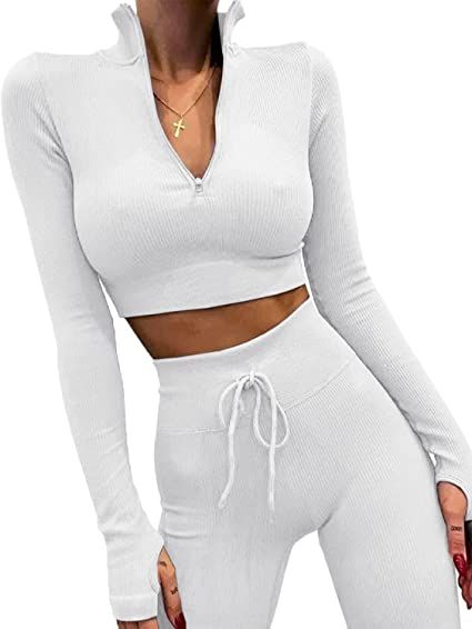 QINSEN Workout Sets for Women 2 Piece Seamless Long Sleeve Crop Tops Ribbed High Waist Leggings | Amazon (US)