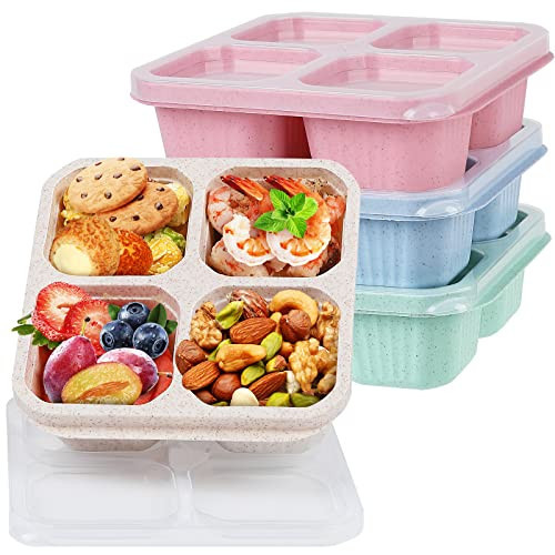 buluker 4 Pack Bento Snack Containers Set， 4 Compartment Food Storage Containers ，Wheat Straw Meal Prep Lunch Box ，Plastic Food Storage container, Microwave and Dishwasher Safe (4colour) | Amazon (US)