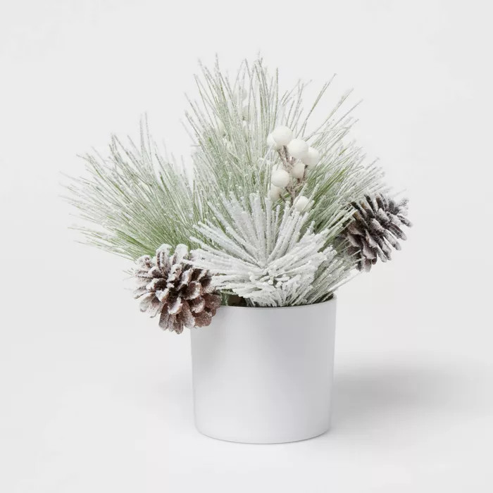 10" x 9" Artificial Flocked Long Needle Pine Cone Tree in Pot White - Threshold™ | Target