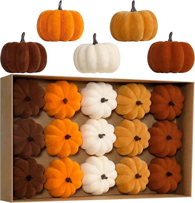 RoseCraft Artificial Flocked Pumpkins, 15PCS Coffee Gold Beige Orange Brown Velvet Foam Faux Pump... | Amazon (US)