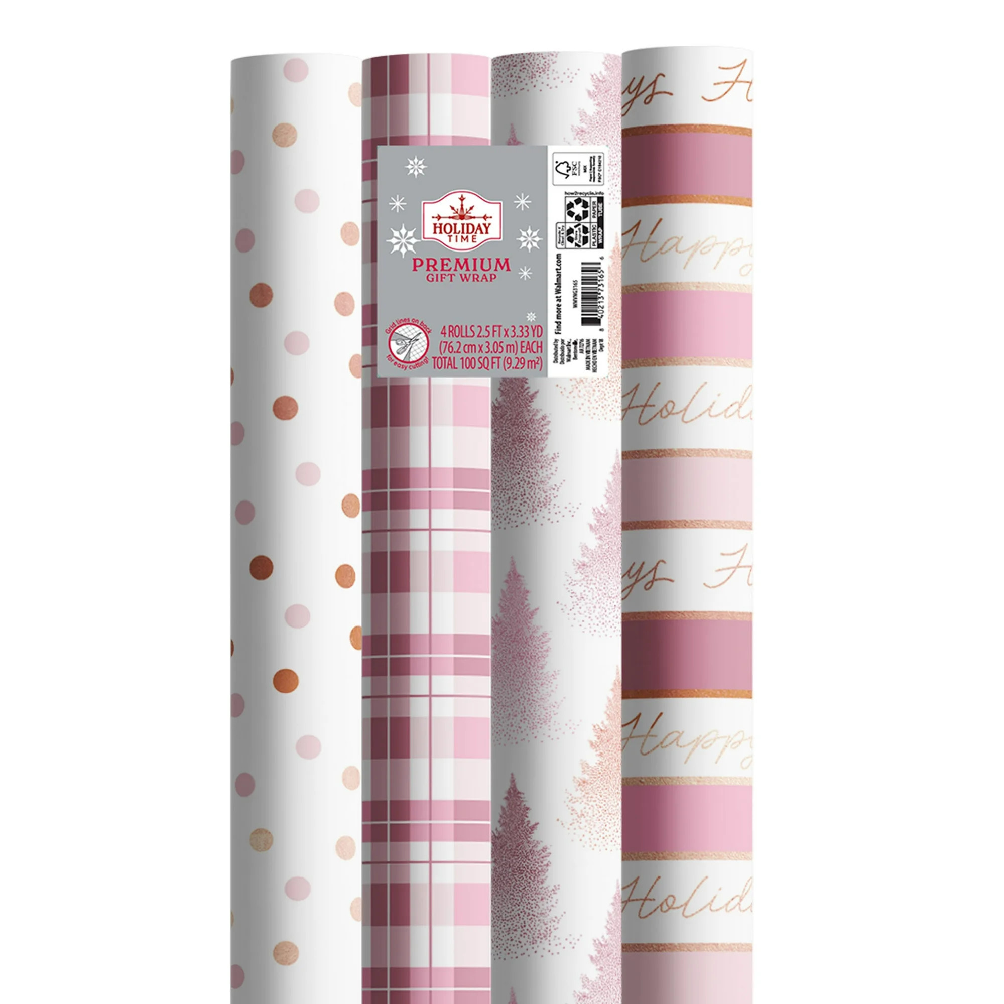 Pink and White Assorted Premium Christmas Wrapping Paper, 100 sq ft, 4 Rolls, by Holiday Time | Walmart (US)