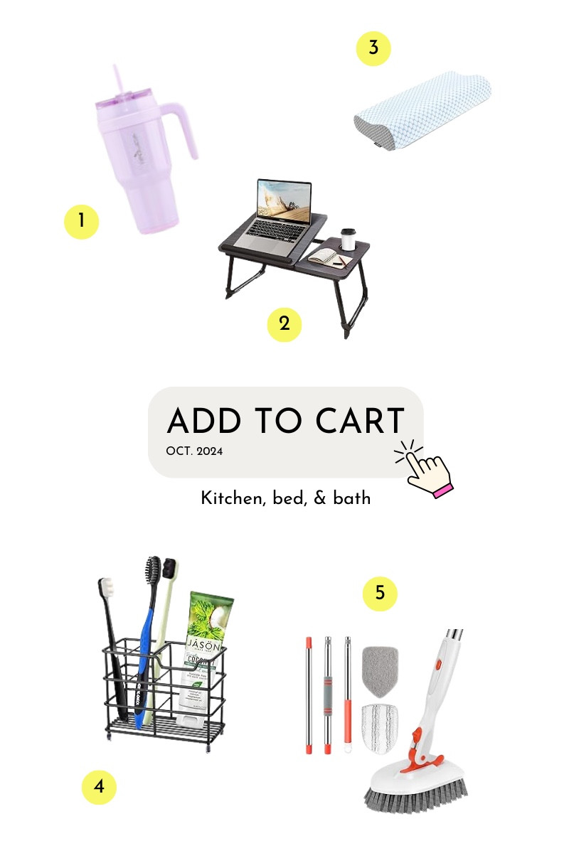 Home goodies 
-water bottle (40z)
-laptop table
-pillow
-brush holder 
-bath scrubber 

#LTKHome #LTKGiftGuide