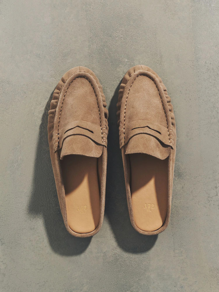 The Set Sand Premium Leather Suede Backless Loafers | Next US