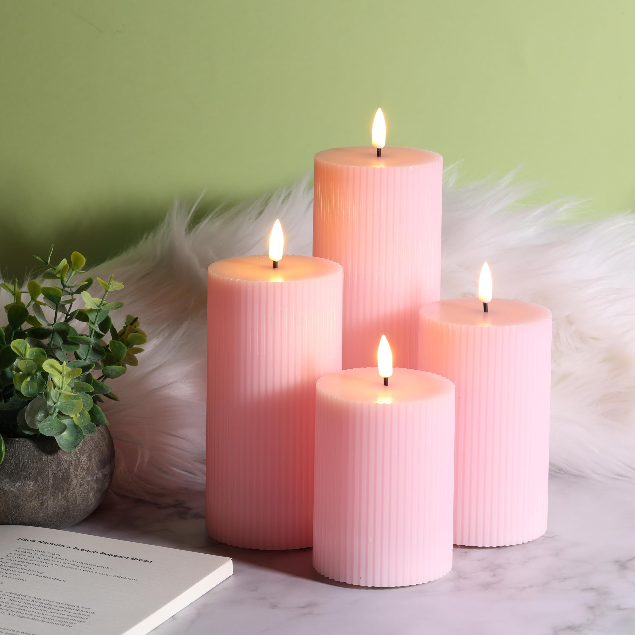 Pink Ribbed Flameless Pillar Candles with Remote, Flat Top Flickering LED Wax Battery Candles Set... | Amazon (US)