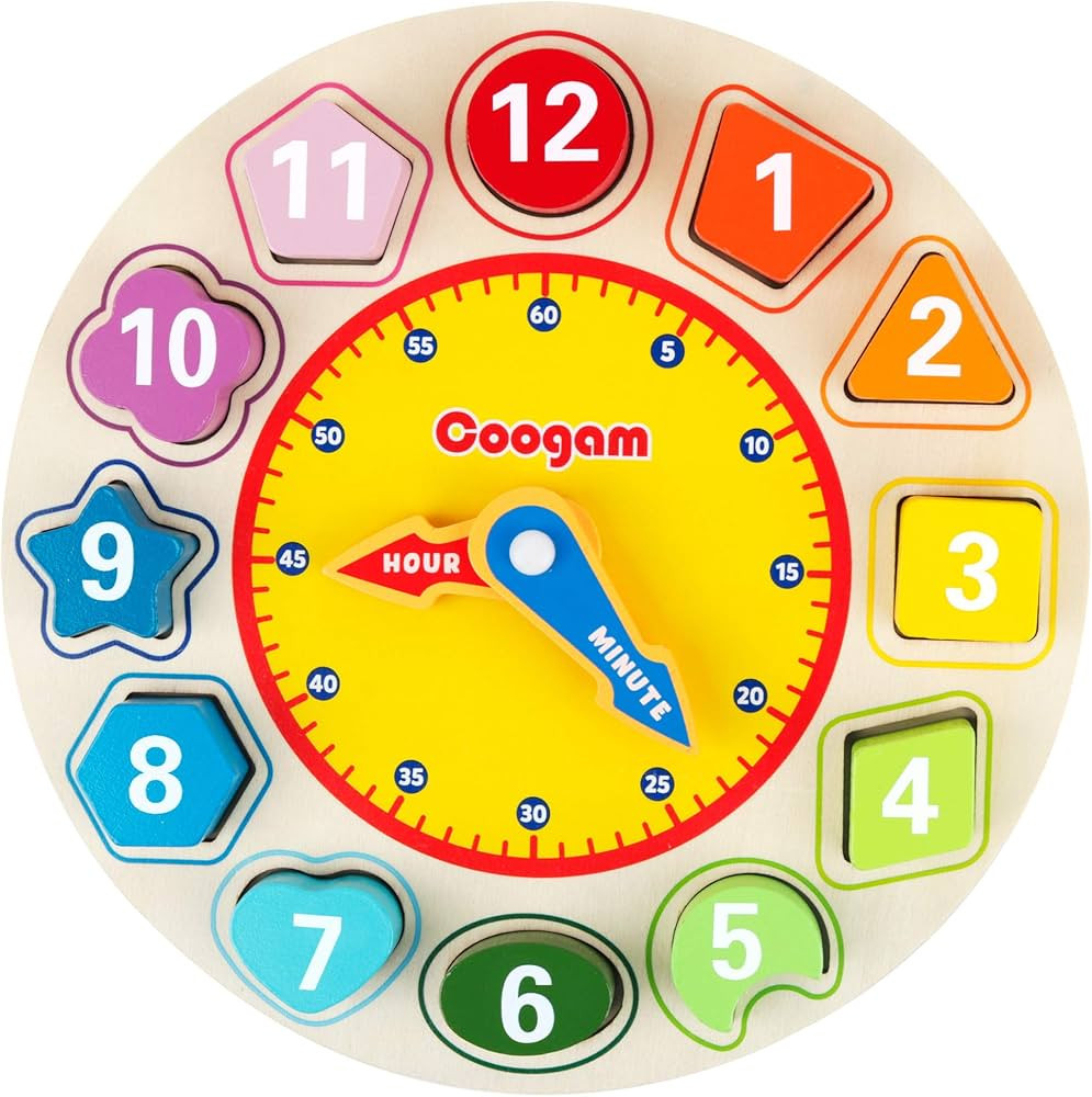 Coogam Wooden Shape Color Sorting Clock – Teaching Time Number Blocks Puzzle Stacking Sorter Ji... | Amazon (US)