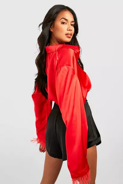 Feather Trim Satin Shirt | Boohoo.com (US & CA)