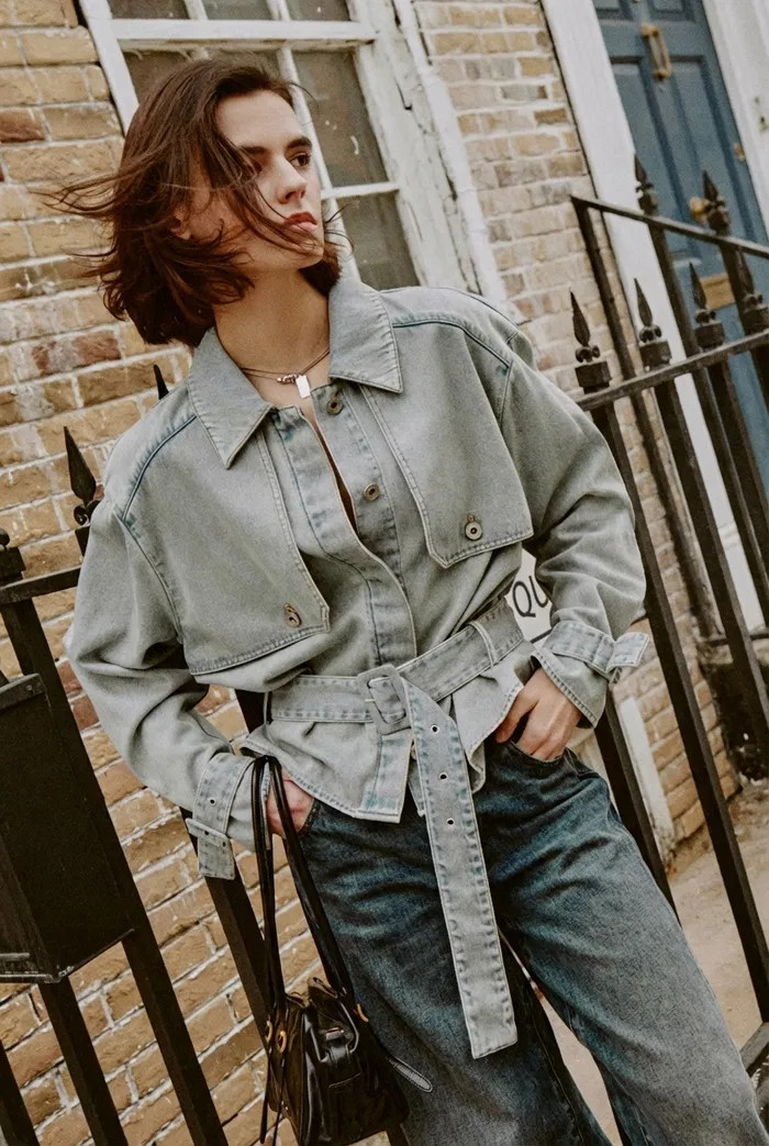 Halle Washed Short Trench Inspired Jacket in Light Blue Denim | Fabrique