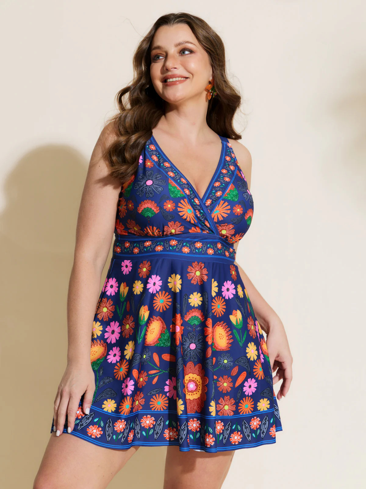 Floral Surplice Neckline Pockets Swim Dress | Bloomchic