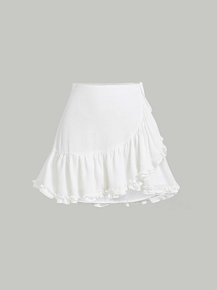 SHEIN MOD Solid Ruffle Trim Wrap Knot Side Skirt | SHEIN