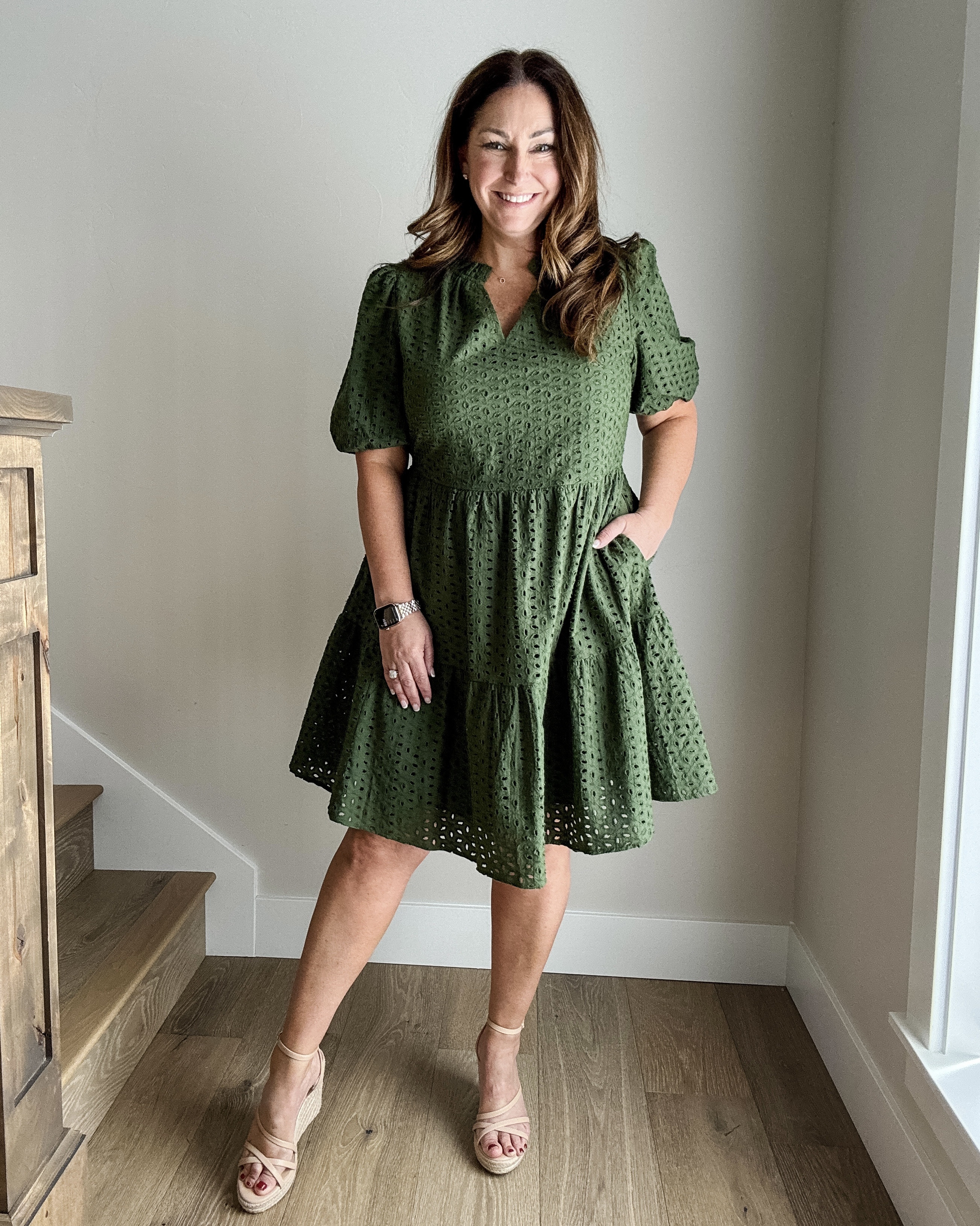 Spring eyelet dress tts wearing large but does run a little snug in chest 

#LTKMidsize #LTKOver40 #LTKSeasonal