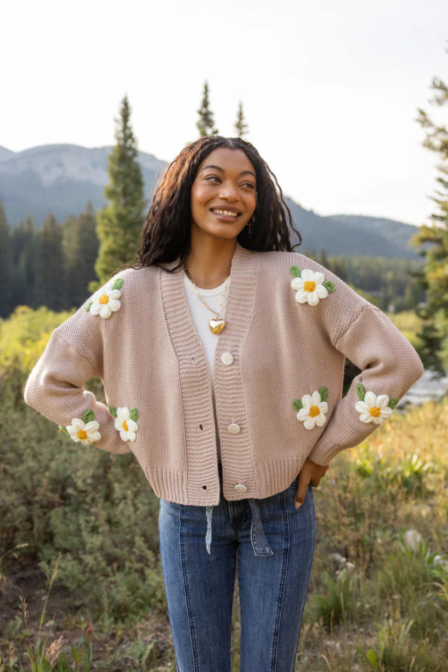 Samantha Long Sleeve Taupe Daisy Cardigan | Pink Lily