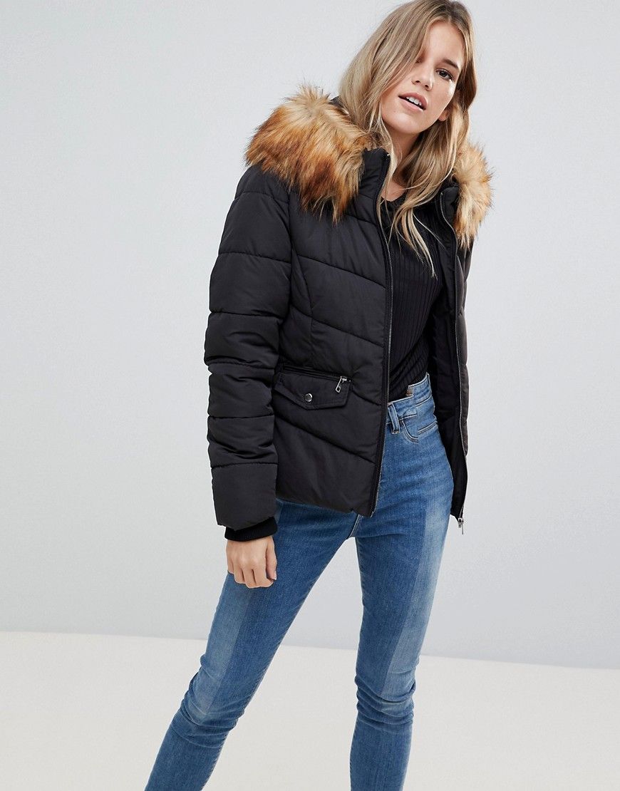 Only Sanna Short Quilted Jacket with Faux Fur Trim - Black | ASOS US