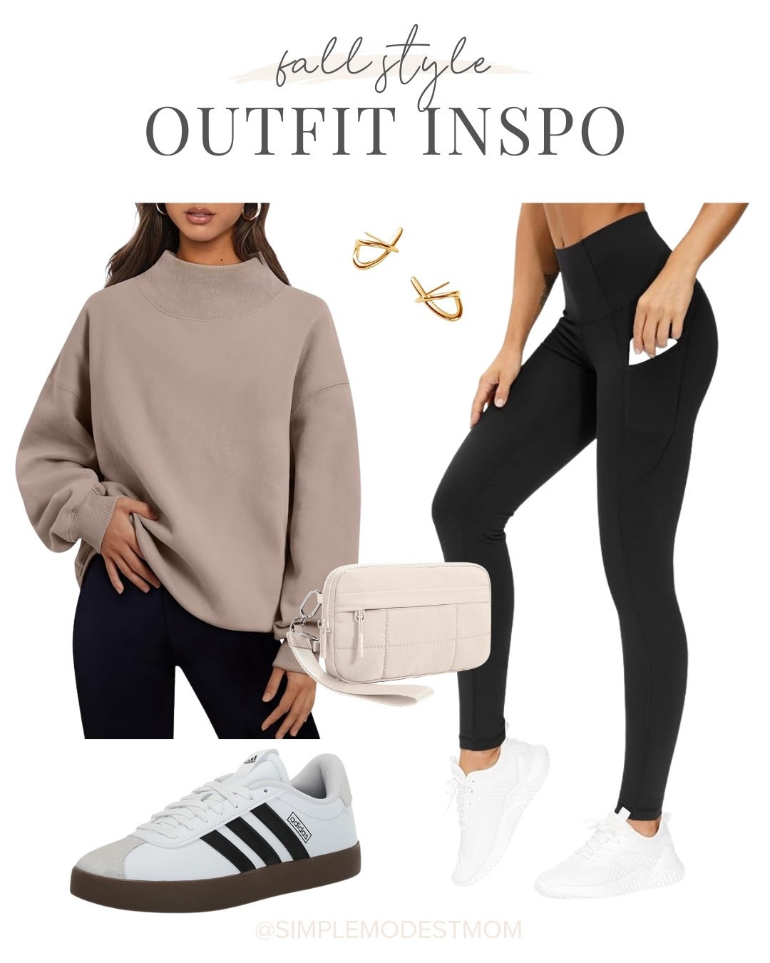 ☕ Fall Style Outfit Inspo ☕
Laid-back but pulled together—this oversized mock neck sweatshirt in coffee grey is perfect for cozy fall days. I paired it with high-waisted black leggings (with pockets 🙌), classic Adidas sneakers, and a quilted wristlet wallet for on-the-go ease. Finished off the look with simple gold stud earrings for that minimal, everyday touch. ✨🍂

#LTKStyleTip #LTKSeasonal #LTKActive