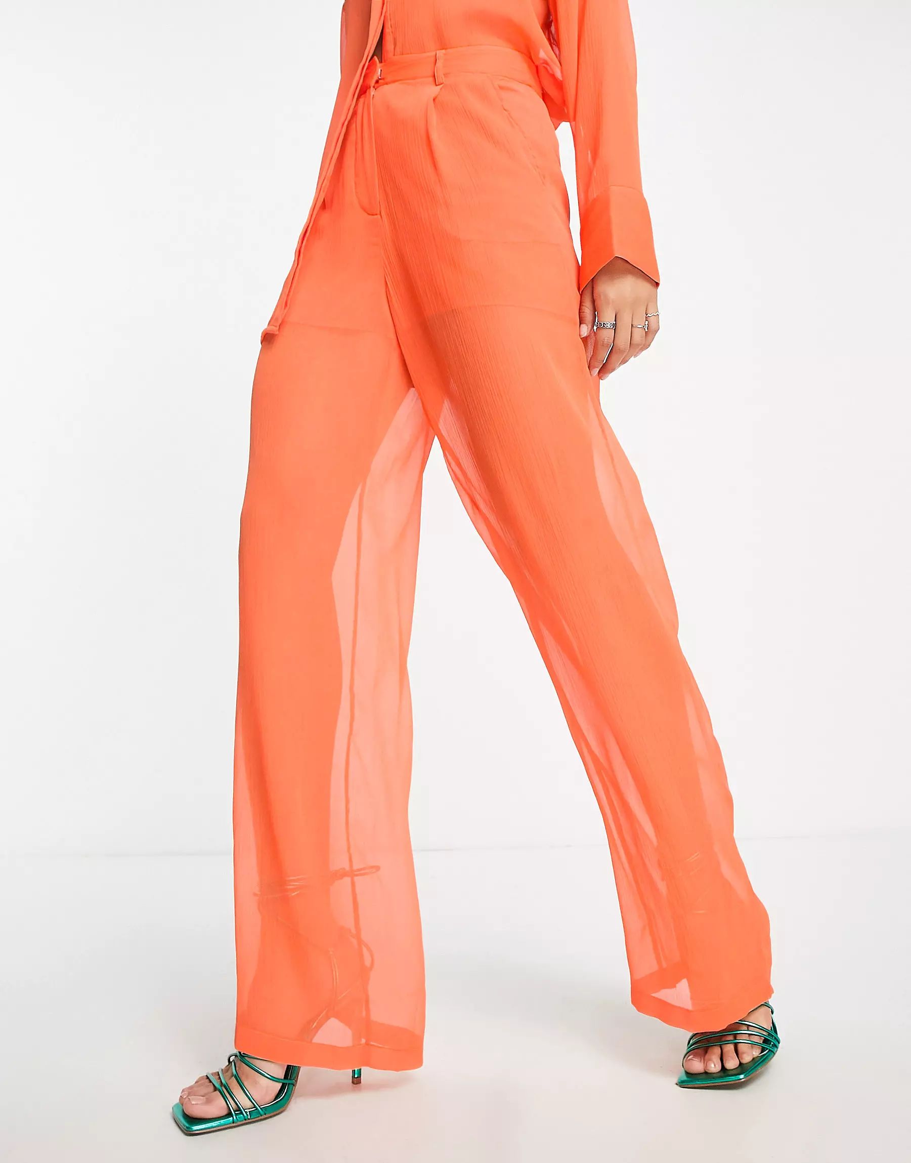 NA-KD sheer wide leg pants in orange - part of a set | ASOS (Global)