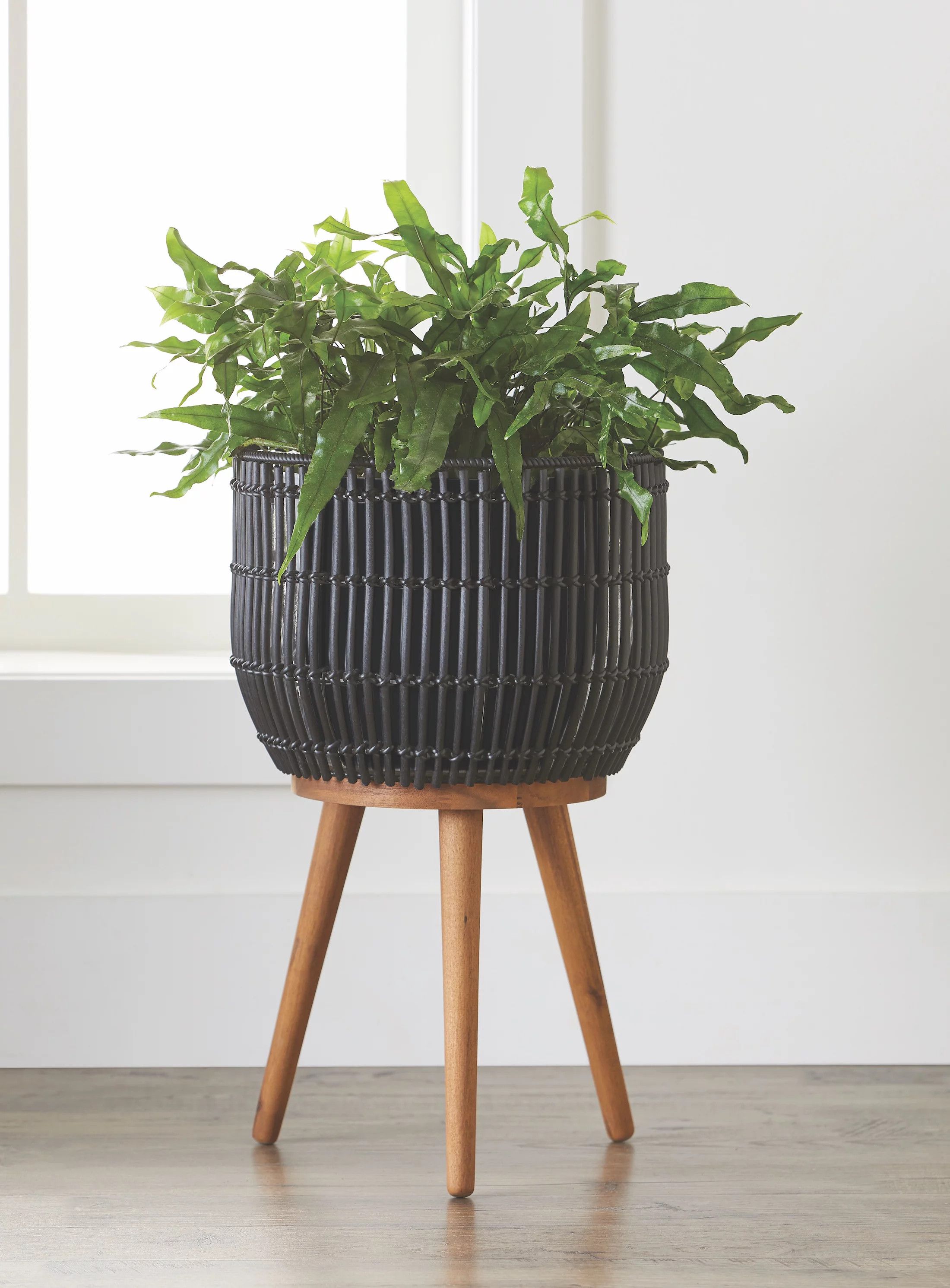 Better Homes & Gardens Black Round Resin Rattan Planter & Stand Set | Walmart (US)