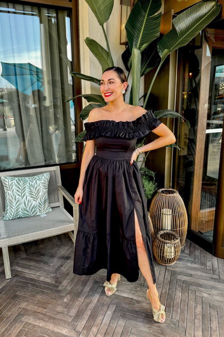 I feel like this 💃🏻 when wearing my ruffle neck off the shoulder midi dress❤️ It’s currently an extra 20% off! Sizes going fast. Wearing size small which fits slightly snug in bust .
Gold Loeffler Randall heels size 7.5, size up half size (fit small)

Wedding guest dress 
Summer dress 
Black dress 
Midi dress 
Date night 
Girls night out 


#LTKWedding #LTKSaleAlert #LTKFindsUnder100
