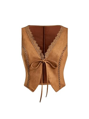 Verdusa Women's Lace Trim Tie Front V Neck Vest Western Cowgirl Sleeveless Jacket Mocha Brown X-Large | Amazon (US)