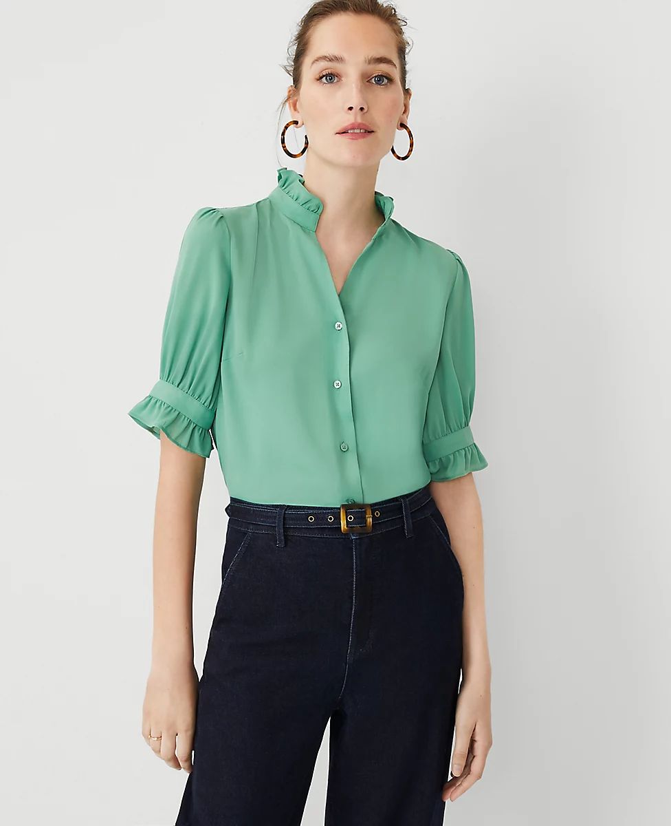 Petite Ruffle Button Top | Ann Taylor (US)