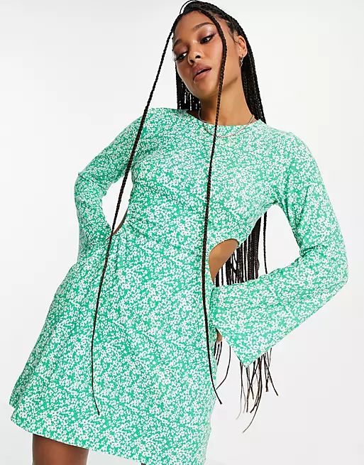Wednesday's Girl long sleeve mini dress with cut outs in green ditsy | ASOS (Global)